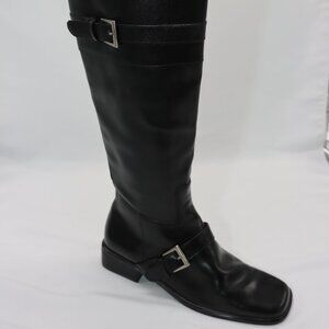 Square Toe Knee High Riding Boot Black Vegan Leather with Buckles